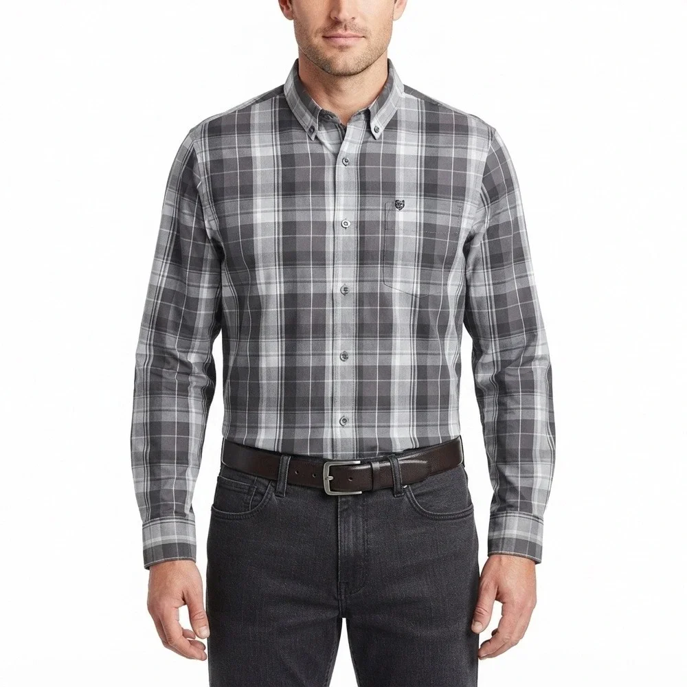 Chaps Shirt Mens Large Grey Plaid Stretch Easy Care Long Sleeve Button Down